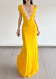 Women Holidays Lace Patchwork V-Neck Mesh Fishtail Elegant Maxi Dress