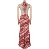 Women summer Casual printed wavy maxi dress