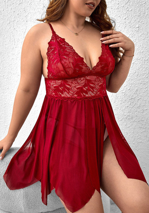 Women Lace Patchwork Mesh Backless Irregular Slit See-Through Strap Dress Set