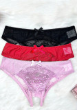 Women French Hollow Lace Bow Panties Mesh Thong