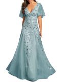 Women's Sequin V-Neck Flutter Sleeve Split Formal Evening Maxi Dress（Processing time need 3-6 days）