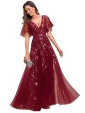 Women's Sequin V-Neck Flutter Sleeve Split Formal Evening Maxi Dress（Processing time need 3-6 days）