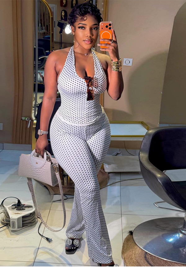Women's Street Style Halter Neck V-Neck Polka Dot Casual Pants Two-Piece Set