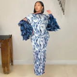 Women summer feather patchwork pleated print dress