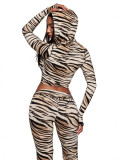 Women's Leopard Print Hooded Color Block Stretch Sports Jacket & Pants Set