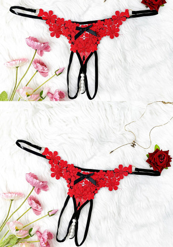 Women Red Floral Embroidered Thin Strap Metal Ring Bow Pearl Pendant Open Crotch Panties