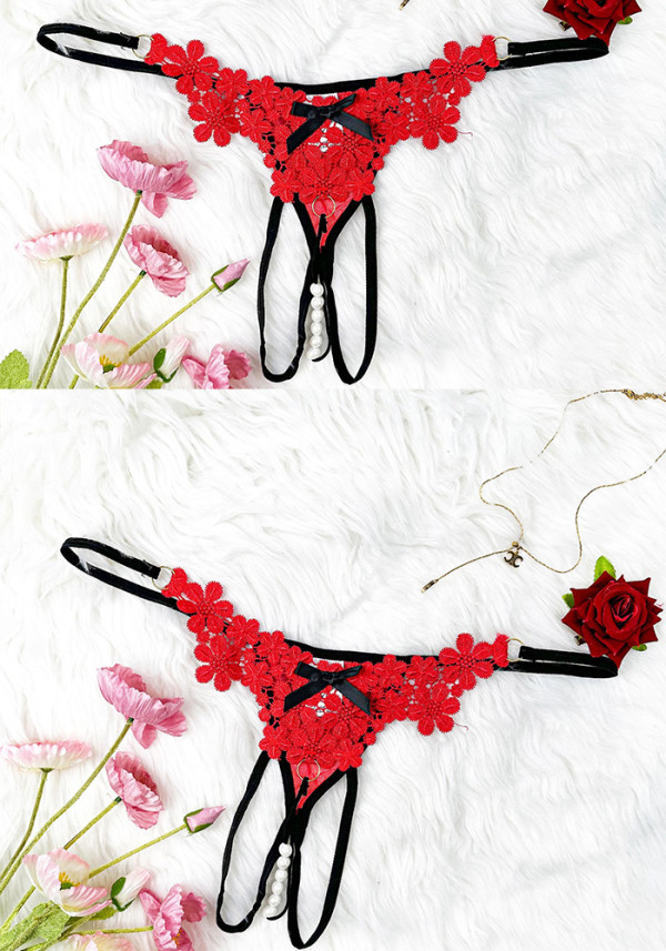 Women Red Floral Embroidered Thin Strap Metal Ring Bow Pearl Pendant Open Crotch Panties
