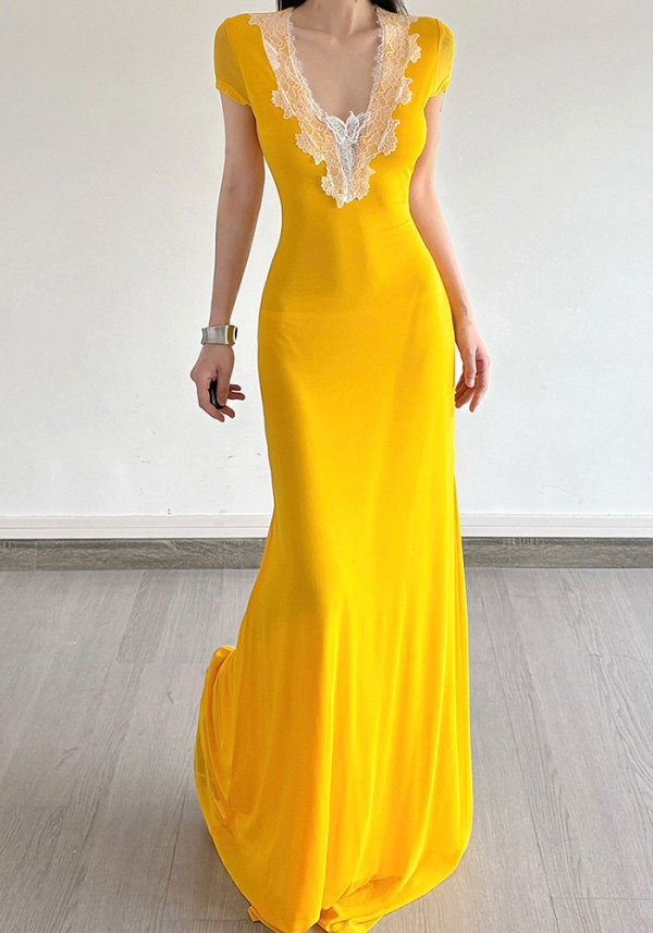 Women Holidays Lace Patchwork V-Neck Mesh Fishtail Elegant Maxi Dress