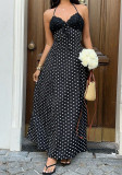 Spring Summer Women's Black Polka Dot Lace Cami Low Back V-Neck Dress