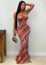Women summer Casual printed wavy maxi dress
