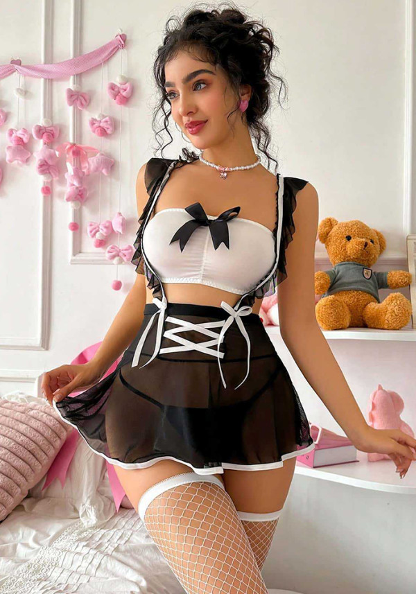 Women sexy mesh see-through maid dress lace-up crossover bustier lingerie two-piece set