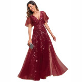 Women's Sequin V-Neck Flutter Sleeve Split Formal Evening Maxi Dress（Processing time need 3-6 days）
