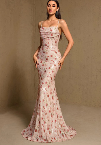 Summer Autumn Women's Ruched Back Lace-Up Mermaid Evening Maxi Dress