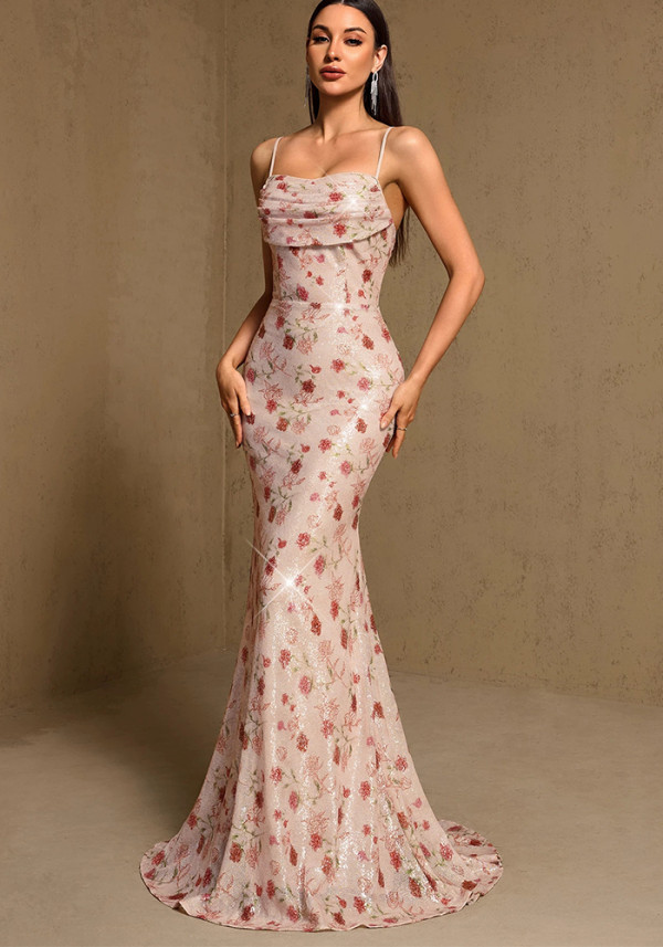 Summer Autumn Women's Ruched Back Lace-Up Mermaid Evening Maxi Dress