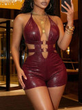 Women's Sexy Deep V Halter Neck Lace-Up Low Back Butt Lift Jumpsuit