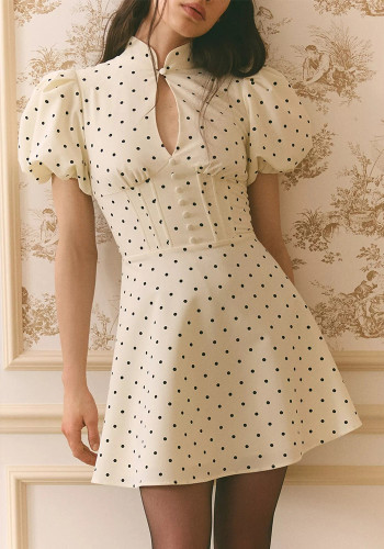 Women's Polka Dot Puff Sleeve Cut-Out Slim Waist Mini Dress