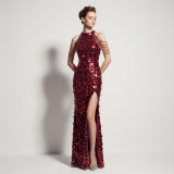 Women's Formal Party Halter Neck Low Back Beaded Sequin Split Evening Gown