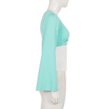 Women Faux Two-Piece Color Block V-Neck Single-Button Long-Sleeve T-Shirt with Pleated Bell Bottom Sleeve Top
