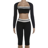 Women Summer Sexy Crop Long-Sleeved Top and Knee-Length Shorts Two-Piece Set