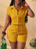Women African Check Stand Collar Button Short Sleeve Top and Shorts Two-Piece Set
