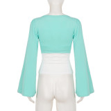 Women Faux Two-Piece Color Block V-Neck Single-Button Long-Sleeve T-Shirt with Pleated Bell Bottom Sleeve Top