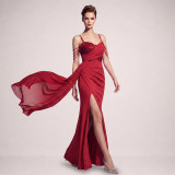 Women's Lace-Up Chiffon Beaded Formal Evening Dress