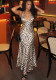 Summer Women's Black & White Print Halter Neck Bodycon Deep V Maxi Dress