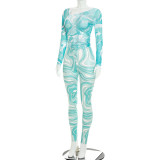 Women Autumn Round Neck Mesh Long-Sleeved Printed Top and Pants Two-Piece Set