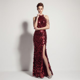 Women's Formal Party Halter Neck Low Back Beaded Sequin Split Evening Gown