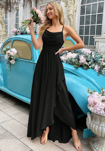 Women's Strap Ruched Slim Waist Split Bridesmaid Evening Maxi Dress（Processing time need 3-6 days）