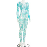 Women Autumn Round Neck Mesh Long-Sleeved Printed Top and Pants Two-Piece Set