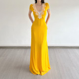 Women Holidays Lace Patchwork V-Neck Mesh Fishtail Elegant Maxi Dress