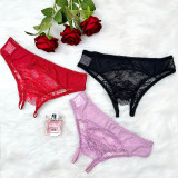 Women French Hollow Lace Bow Panties Mesh Thong