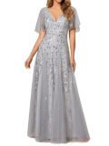 Women's Sequin V-Neck Flutter Sleeve Split Formal Evening Maxi Dress（Processing time need 3-6 days）