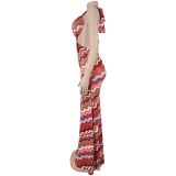 Women summer Casual printed wavy maxi dress