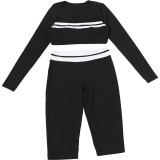 Women Summer Sexy Crop Long-Sleeved Top and Knee-Length Shorts Two-Piece Set