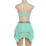Women Summer Halter Neck Backless Sequin Patchwork Sexy Bodycon Dress