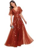 Women's Sequin V-Neck Flutter Sleeve Split Formal Evening Maxi Dress（Processing time need 3-6 days）