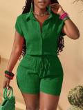 Women African Check Stand Collar Button Short Sleeve Top and Shorts Two-Piece Set