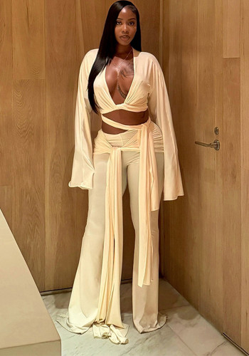 Women Autumn Solid Lace-Up Crop Top and Ribbon Bell Bottom Pant Two-Piece Set