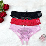 Women French Hollow Lace Bow Panties Mesh Thong