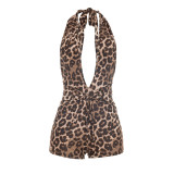 Women American Leopard Print Halter Neck V Neck Stretch Bodycon Romper