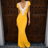 Women Holidays Lace Patchwork V-Neck Mesh Fishtail Elegant Maxi Dress