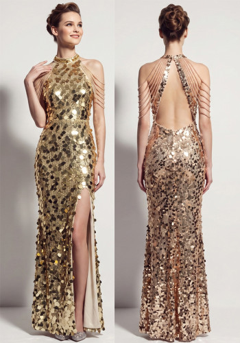 Women's Formal Party Halter Neck Low Back Beaded Sequin Split Evening Gown