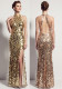 Women's Formal Party Halter Neck Low Back Beaded Sequin Split Evening Gown