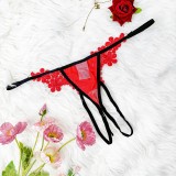 Women Red Floral Embroidered Thin Strap Metal Ring Bow Pearl Pendant Open Crotch Panties