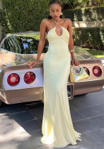 Women's Chic Halter Neck Low Back Ruched Bodycon Long Dress