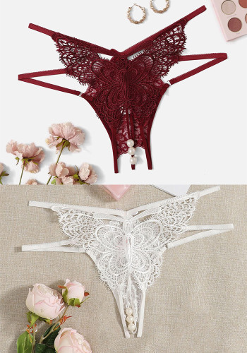 Women Large Butterfly Pearl Thong Half-Open Crotch No-Removal Lingerie