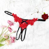 Women Red Floral Embroidered Thin Strap Metal Ring Bow Pearl Pendant Open Crotch Panties