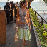 Women Summer Leopard Print Strapless V-Neck Vest Irregular Skirt